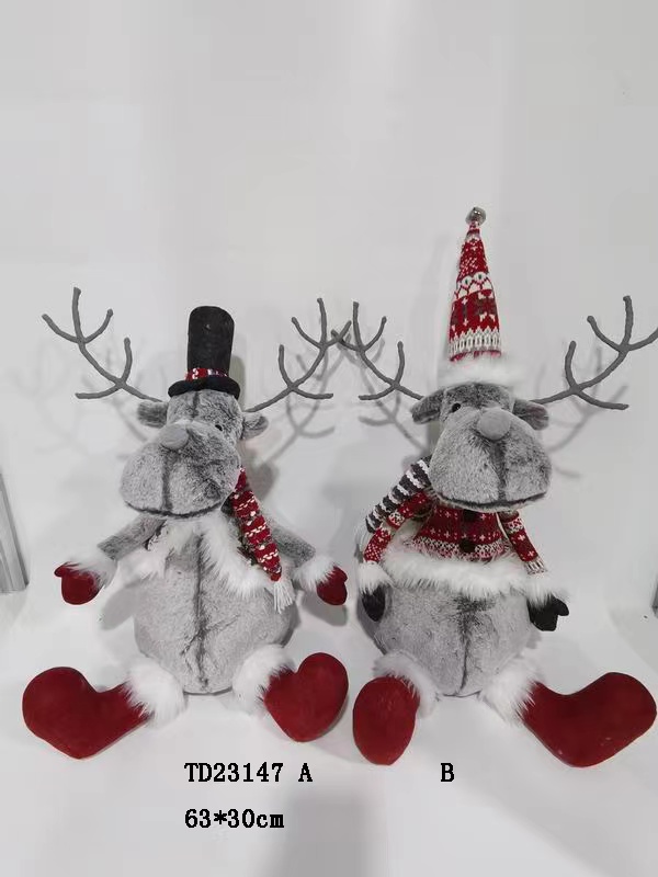 Christmas Plush Doll Toy Sitting Gray Red Reindeer Item TD23147AB