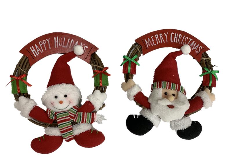 Christmas Plush Doll Toy Hanging  Santa and Snowman with Wreath Item JX19-23028