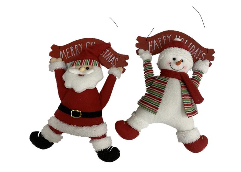 Christmas Plush Doll Toy Hanging  Santa and Snowman with Plank Item JX19-23029