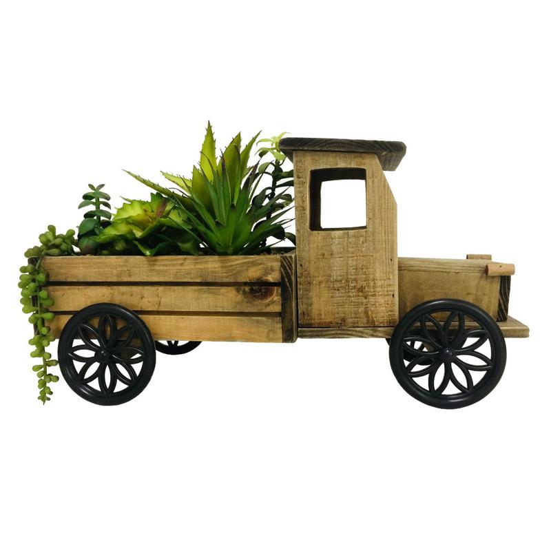 Plastic Potted Plant Wooden Car Spring Table Decoration Item JX23-22011