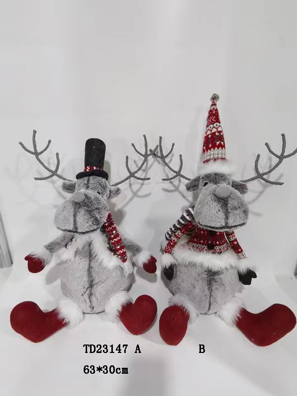 Christmas Plush Doll Toy Sitting Gray Red Reindeer Item TD23147AB